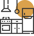 Illustration of a kitchen with a stove, cabinets, fridge, and an overhead range hood against a backdrop of a large orange circle.