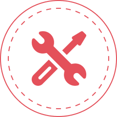 Red wrench and screwdriver crossed icon within a dashed circle on a transparent background.