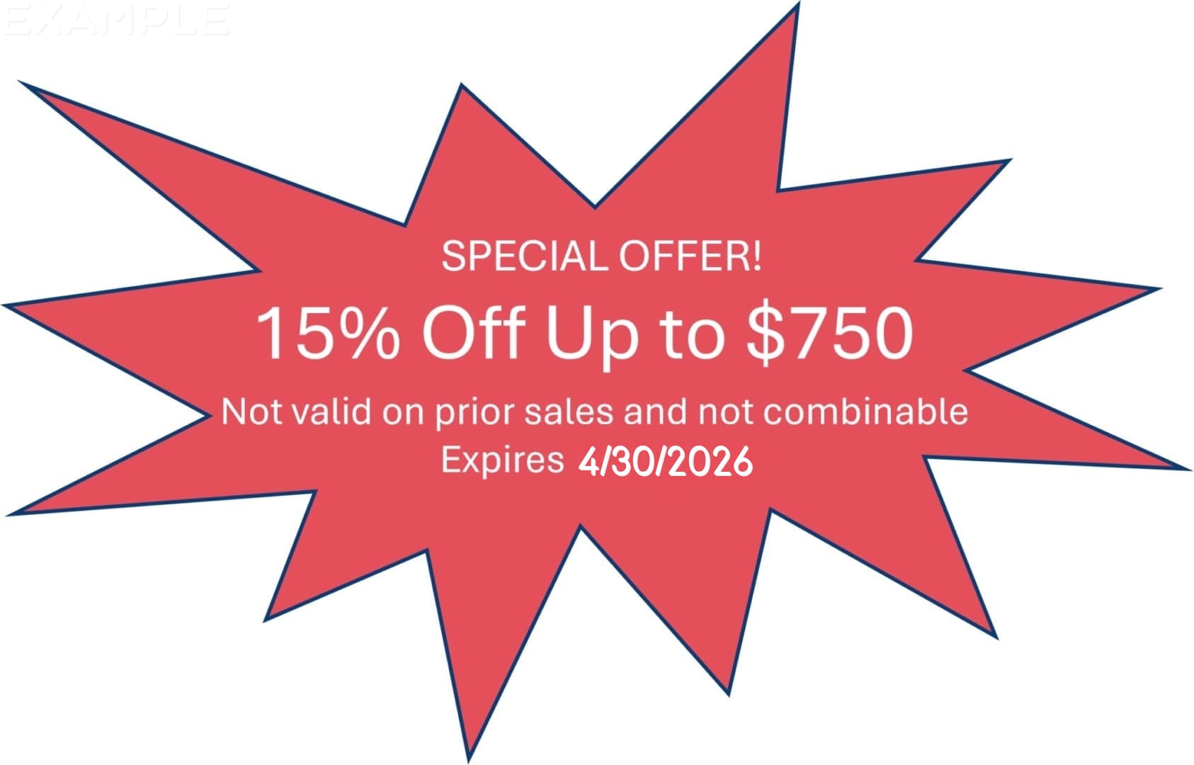 Red starburst reading 15% off up to $750